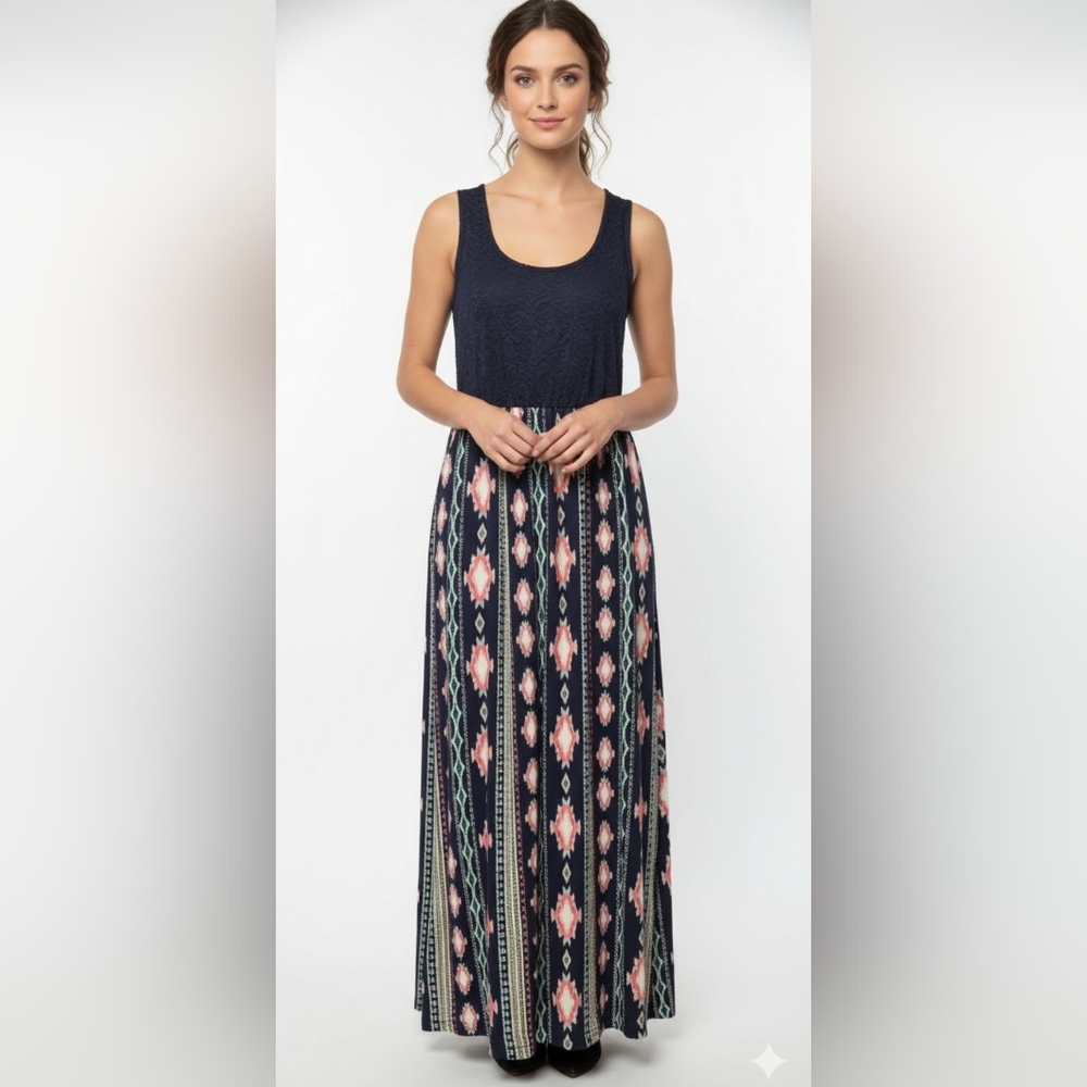 Just Be Navy Blue Pink Lace Sleeveless Aztec Maxi Dress Southwestern Boho L